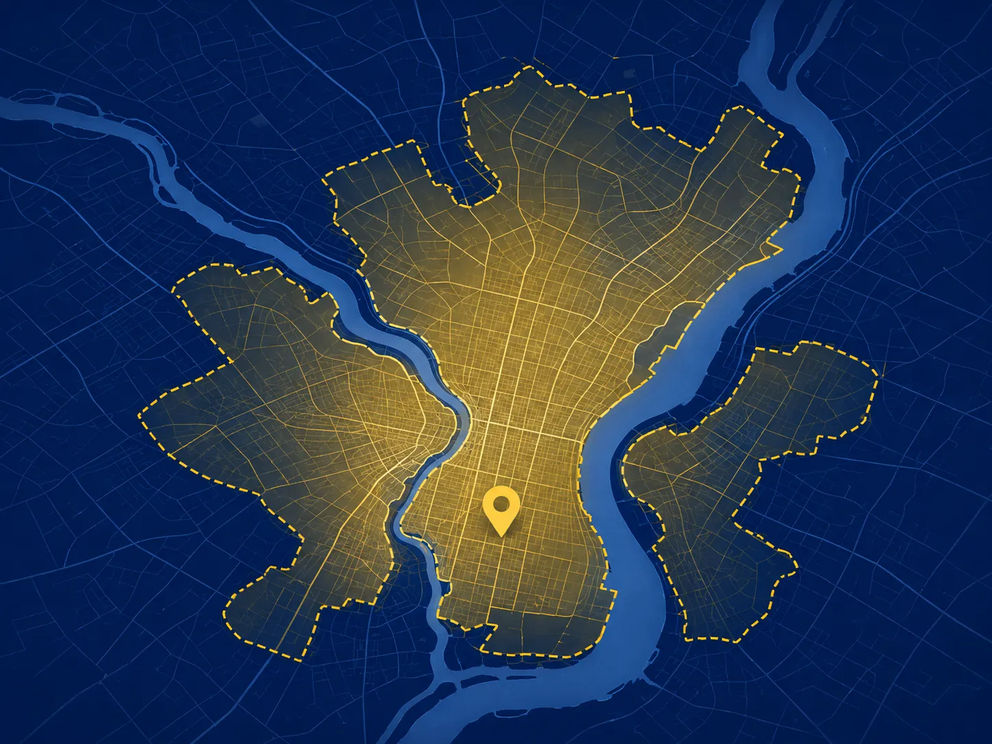 Coverage map — Philadelphia and surrounding area highlighted in gold